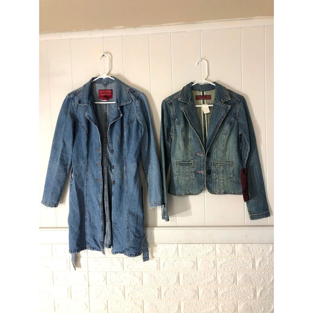 Vtg Y2K Hot Kiss Denim Jacket Trench Coat Blazer NWT Size S Made in USA Crop